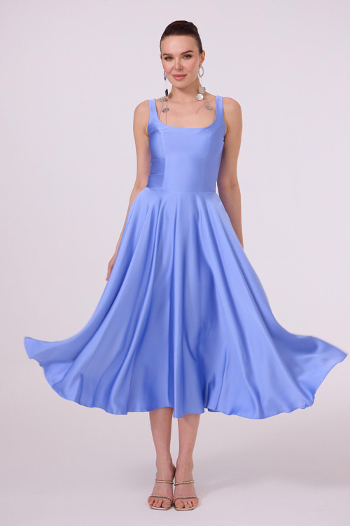 Kadın Sırt Dekolteli Midi Saten Abiye Elbise 58131 Indigo