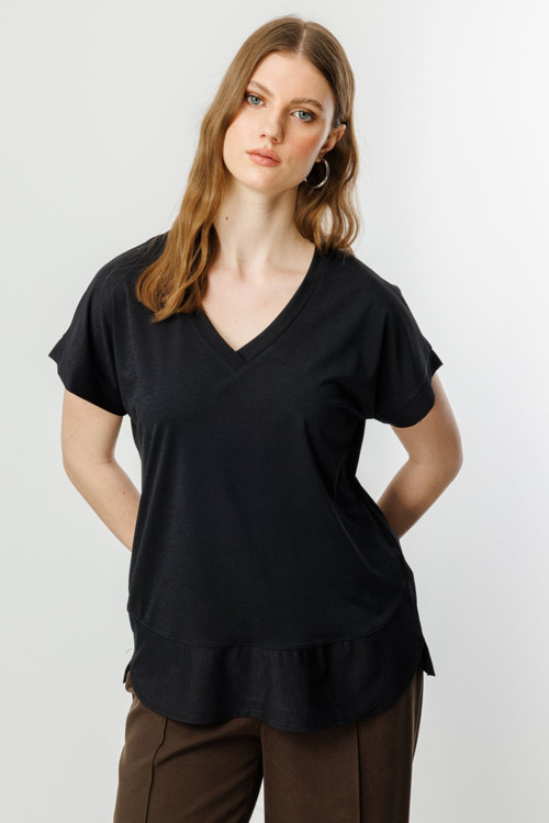 Kadın Büyük Beden V Yaka Parçalı T-Shirt 71476 Siyah