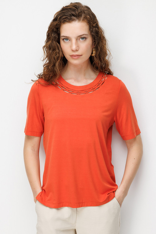 Kadın Sıfır Yaka Yakası Çift Şeritli Taşlı Penye T-Shirt 26840 Oranj