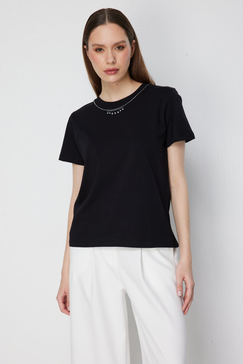 Kadın Yakası Taşlı Pamuklu T-Shirt 71345 Siyah
