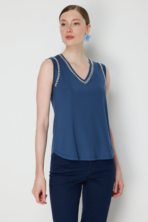 Kadın V Yaka Taş Detaylı Bluz 71435 Indigo