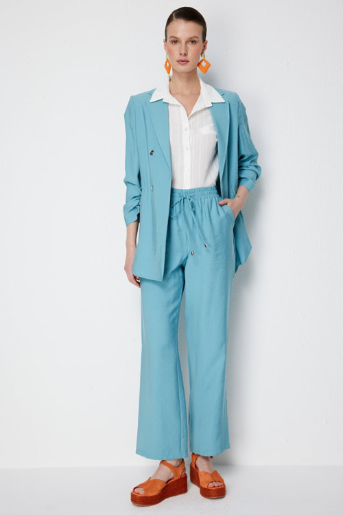 Kadın Beli Bağcıklı Bol Paça Pantolon 1204 Aqua