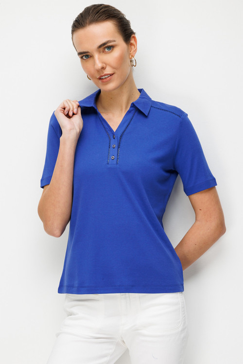 Kadın Polo Yaka İğne İşlemeli Pamuklu Penye T-Shirt 26802 Saks