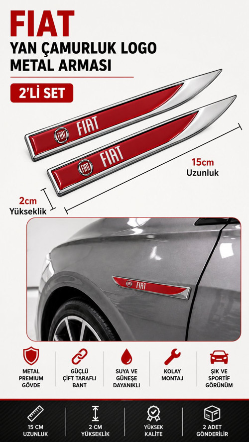 Fiat Metal Damla Desen Çamurluk Yan Çıtası Logo Amblem 2’li Set 15 CM