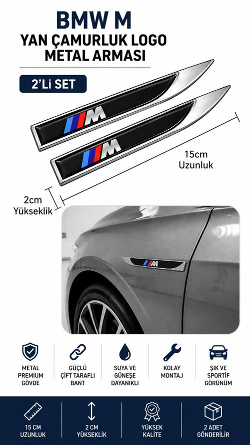 BMW M Metal Damla Desen Çamurluk Yan Çıtası Logo Amblem 2’li Set 15 CM