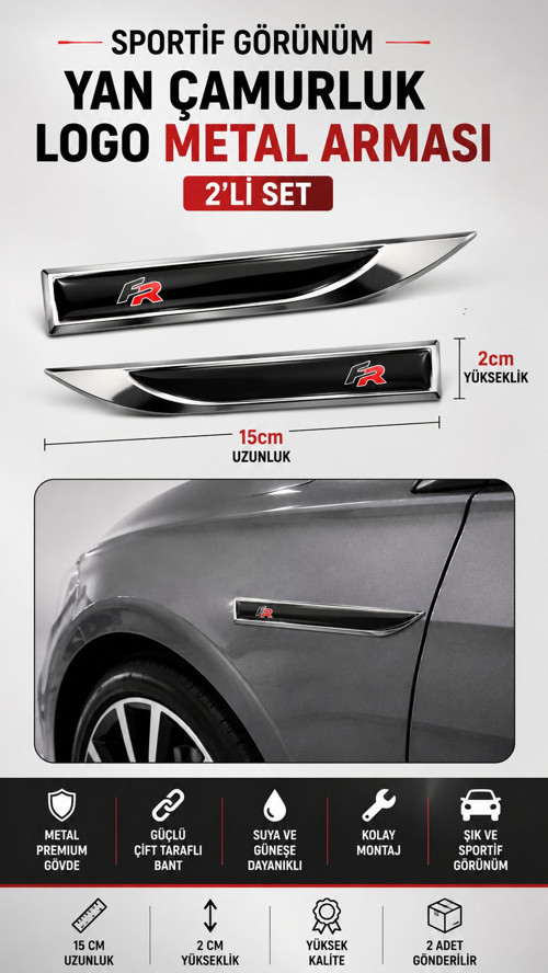 FR Metal Damla Desen Çamurluk Yan Çıtası Logo Amblem 2’li Set 15 CM