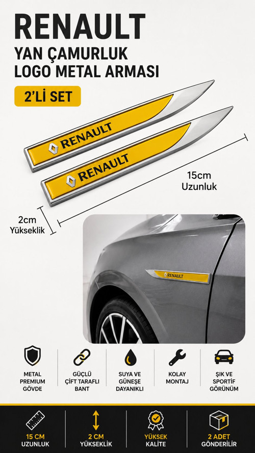 Renault Metal Damla Desen Çamurluk Yan Çıtası Logo Amblem 2’li Set 15 CM