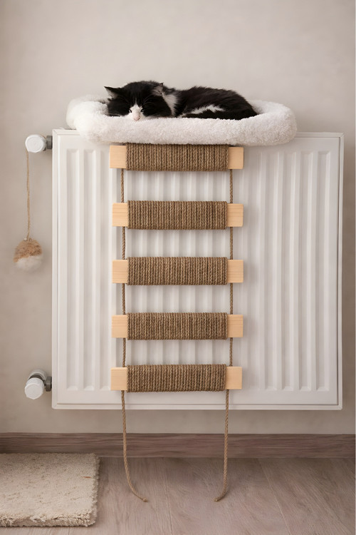 Ahşap Kedi Tırmanma Merdiveni ve Duvar Köprüsü - Jüt İpli, 5 Basamak, 50 cm