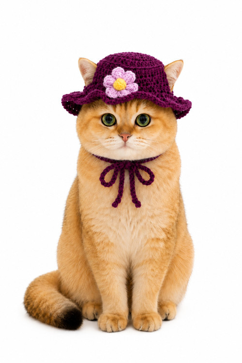 Örgü Kedi Şapkası Çiçekli Mor Kulak Açık Evcil Hayvan Aksesuarı