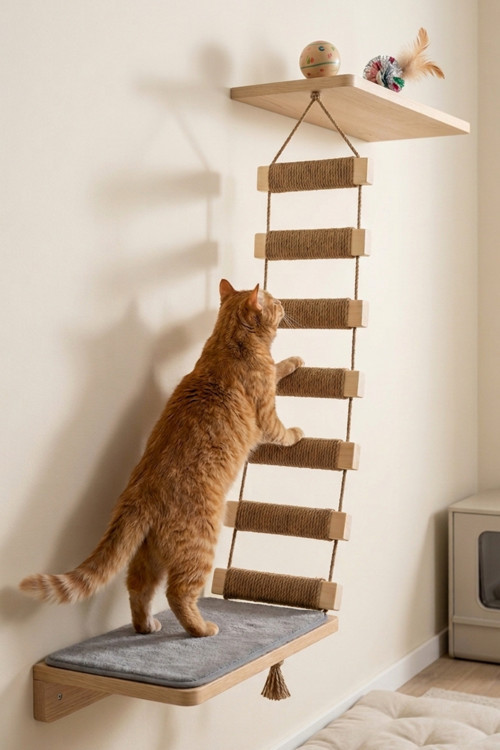 Ahşap Kedi Tırmanma Merdiveni ve Duvar Köprüsü - Jüt İpli, 7 Basamak, 75 cm