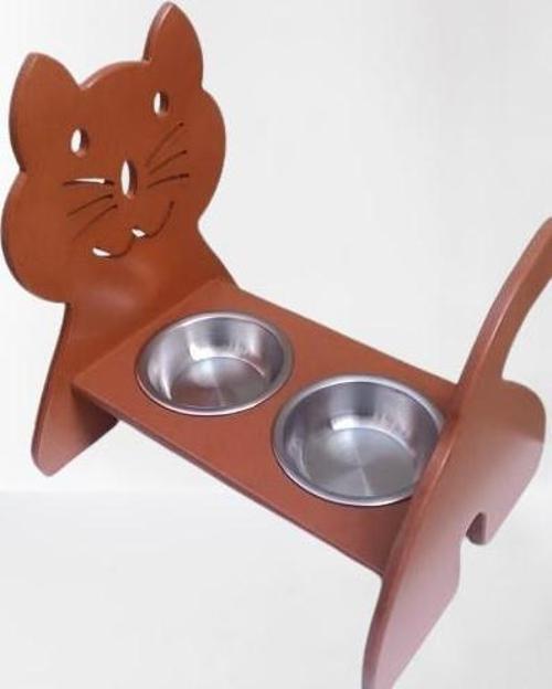 Hobi ERC 90373 MODEL Kedi Mama Ve Su Kabı Seti MDF Ceviz Renk Paslanmaz Tabak 