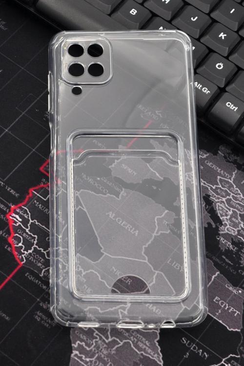 Samsung A12 Uyumlu Kredi Kartlıklı Şeffaf Kılıf Kamera Korumalı