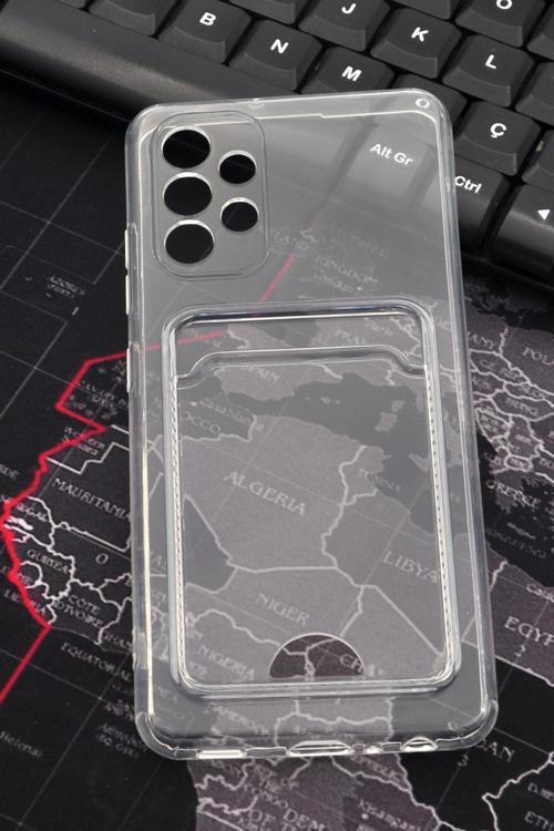 Samsung A23 Uyumlu Kredi Kartlıklı Şeffaf Kılıf Kamera Korumalı