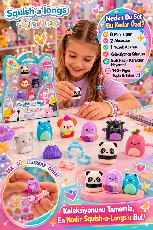Squishmallows Squish-a-Longs 8’li Mini Figür Seti Aksesuar Yüzük Koleksiyon Oyuncağı 3 cm - 1 PAKET