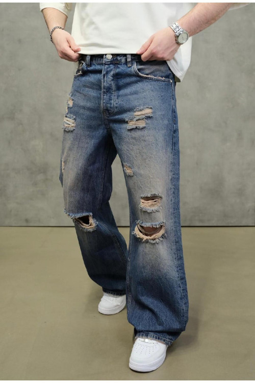 Blue Ripped Detail Jeans Denim Pants