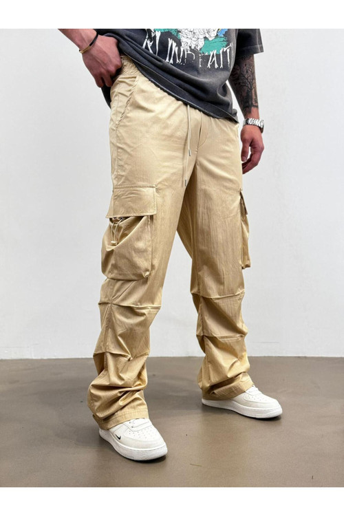 Bej Kargo Cepli Paraşüt Kumaş Jogger Pantolon