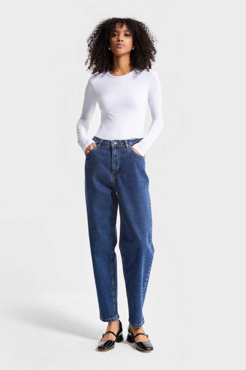 Mavi Likralı Kumaş Mom Fit Denim Pantolon