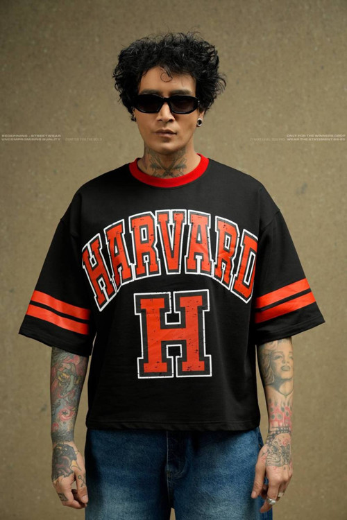 Siyah Harvard Basklı Oversize Tshirt