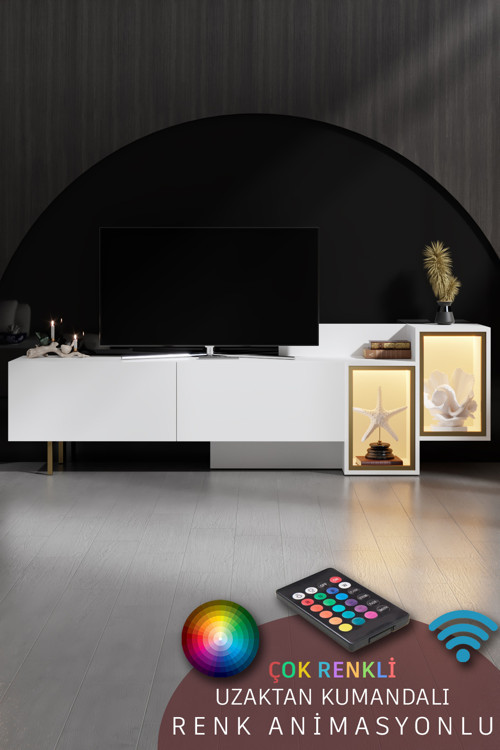 Tenon 213.2 Cm Tv Ünitesi Rgb Led Işıklı Gold Demir Ayaklı Raflı Dolaplı Beyaz Tv Sehpası