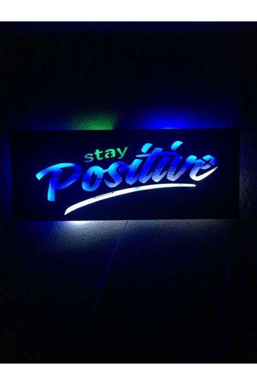 Stay Positive Led Işıklı Ahşap Tablo 50X21 Cm Duvar Dekoru
