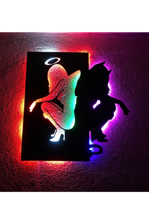 Angel & Devil Led Işıklı Ahşap Tablo 50X45Cm