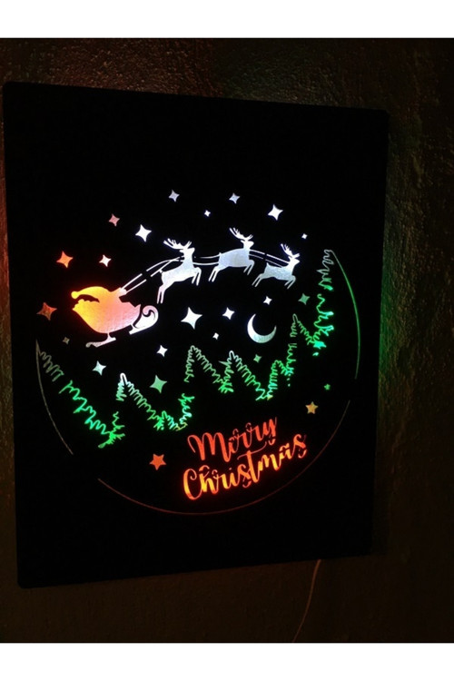 Yılbaşı Temalı Noel Baba-Ren Geyikli Led Işıklı Ahşap Tablo 50X40Cm