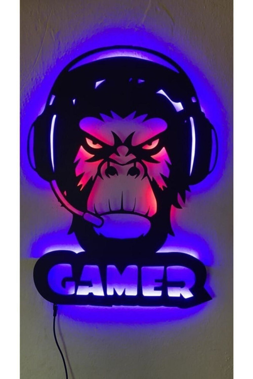 Ledli Gamer Maymun Ahşap Duvar Tablosu - Gamer Dekor - Yayıncı Dekoru