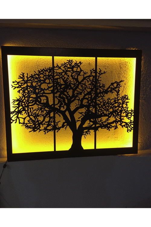 3D Ağaç Led Işıklı Çerçeveli Ahşap Tablo Lazer Kesim 90X70Cm
