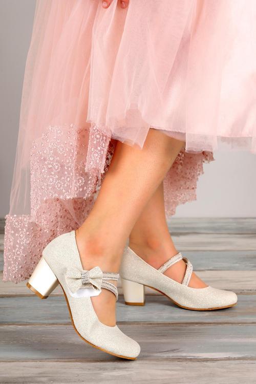 750 Simli Günlük Kız Çocuk 4 Cm Topuklu Babet Ayakkabı Sedef