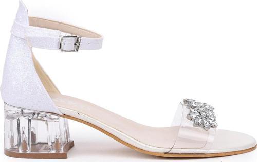 790 Kum Simli Taşlı Kız Çocuk 3 Cm Şeffaf Topuklu Sandalet Ayakkabı Sedef