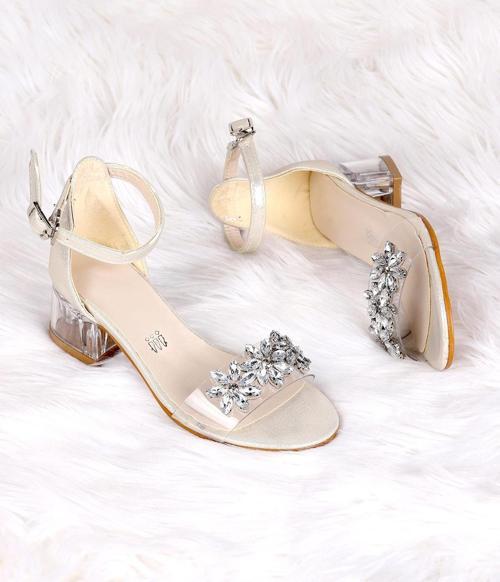 790 Vakko Taşlı Kız Çocuk 3 Cm Şeffaf Topuklu Sandalet Ayakkabı Altın