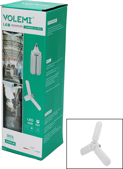 3 KOLLU 45W - E27 LED AMPUL KATLANIR 3 PERVANE + YUVARLAK LAMBA 