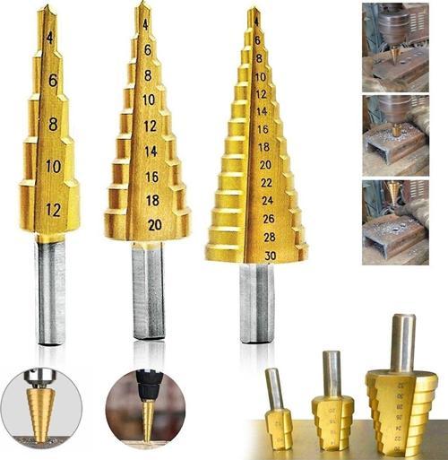 3 lü Set Matkap Ucu Kademeli Sac Delme Aparatı HSS Titanyum Kaplama 