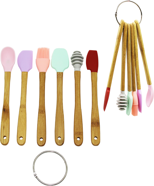 6 ADET  MiNİ AHŞAP SAPLI SİLİKON MUTFAK SET 