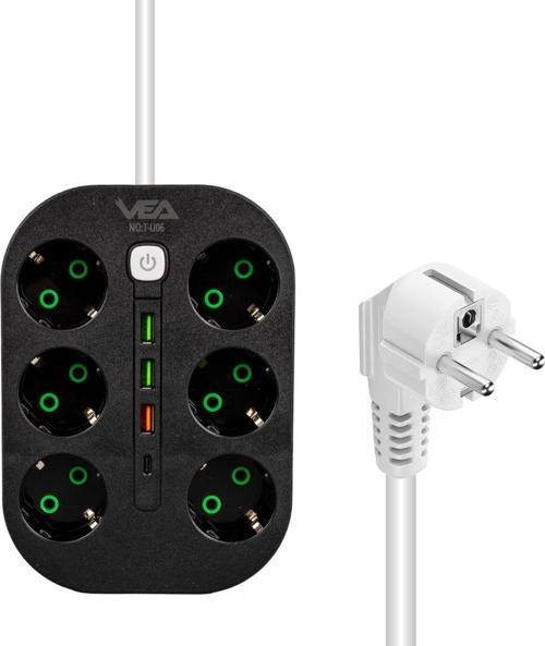 6LI 1.5 METRE KABLOLU 3 USBLİ SİYAH GRUP PRİZ 