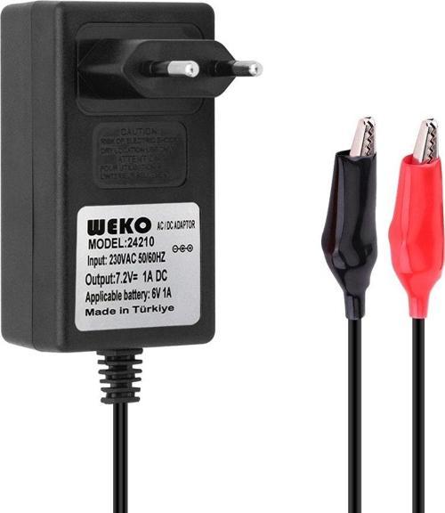 7.2 VOLT - 1 AMPER KROKODİL UÇLU PRİZ TİP KIRMIZI YEŞİL LEDLİ YERLİ ÜRETİM AKÜ ŞARJ ADAPTÖRÜ (OUT:6V