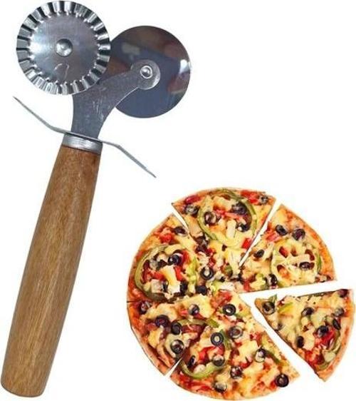Ahşap Saplı 2li Hamur Kesme Ruleti Düz ve Dalgalı Pizza Börek Kesici Aparatı 