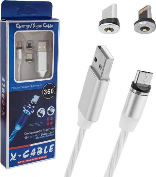 IŞIKLI TELEFON ŞARJ KABLOSU ÜÇ UÇLU MANYETİK 