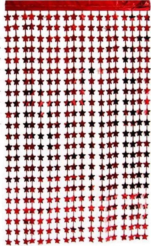 Kırmızı Renk Yıldız Şekilli Metalize Saçaklı Arka Fon Perde Dekorasyon 