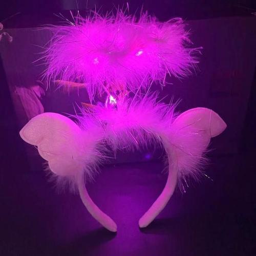 Pembe Kanatlı Pembe Tüylü Led Işıklı 3 Fonksiyonlu Melek Hare Taç 20x25 cm 