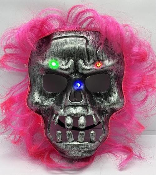 Pembe Saçlı Led Işıklı Kuru Kafa İskelet Korku Maskesi 22x25 cm 