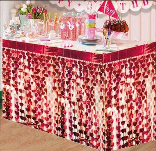 Püsküllü Işıltılı Metalize Kırmızı Kalpli Masa Eteği 75x360 cm 