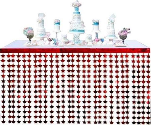 Püsküllü Işıltılı Metalize Kırmızı Yıldızlı Masa Eteği 75x360 cm 
