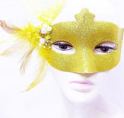 Sim İşlemeli İnci Boncuk Detaylı Tüylü Balo Maskesi Altın Renk 13x18 cm 