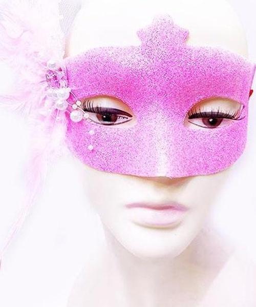 Sim İşlemeli İnci Boncuk Detaylı Tüylü Balo Maskesi Pembe Renk 13x18 cm 