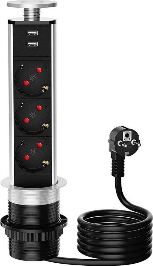 VEA VE-24063 ÜÇLÜ 1.5 METRE KABLOLU İKİ USBLİ 80MM MASAÜSTÜ PRİZ 