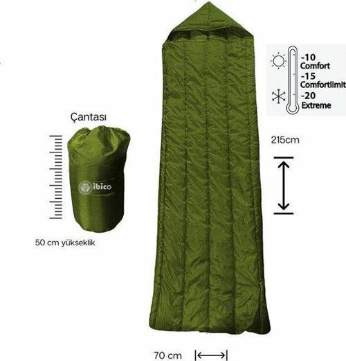 Uyku Tulumu Haki Renk Su Geçirmez Kumaş 20 Dereceye Kadar Isı Yalıtımlı  - 215 cm x 70 cm  