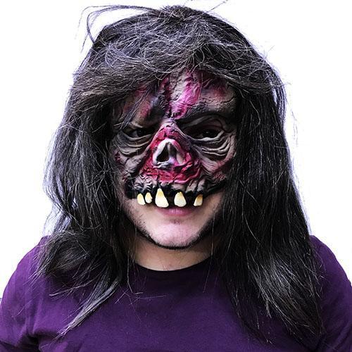 Uzun Siyah Saçlı Yarım Surat Dişli Zombi Lateks Et Maske 