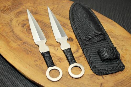 17 cm Gümüş Renk Siyah İp Detaylı 2li Fırlatma Çelik Çakı 