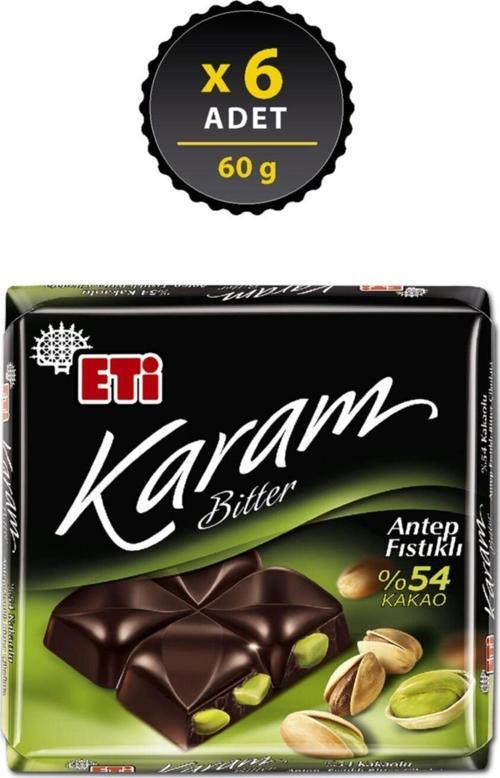 Karam %54 Kakaolu Antep Fıstıklı Bitter Çikolata 60 g x 6 Adet